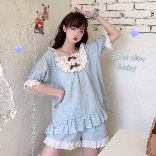 Summer Pajamas Pants Suit Women Sweet Cute Bow Student Fresh Casual Home Set Kawaii Girl T-Shirt Tops Shorts 2-Piece Set 2021