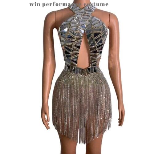Halter Mirror Birthday Outfit For Women Party Bling Fringe Dress Modern Dance DJ Team Show Rave Pole Dance Clothing Costume