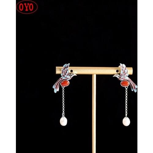 S925 silver burnt blue magpie pearl tassel earrings