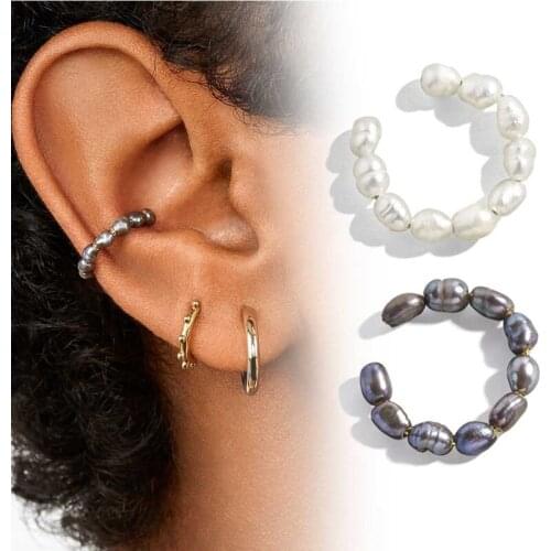 Pearl Earrings for Women Girls Tiny Pearls Huggie Small Hoop Cute Layered Wrap Non-Pierced Ear Dainty Hypoallergenic