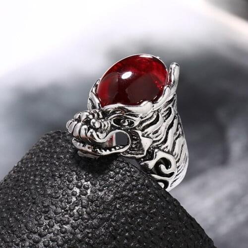 Vintage Silver Plated Dragon Head Ring Personality Red Stone Finger Ring Motorcycle Party Open Women Mens Ring Hip Hop Jewelry