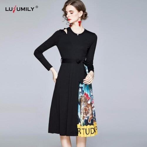 Lusumily Vintage Party Dress Women Black Long Sleeve Female Office Dresses Autumn O Neck Female Casual High Waist A-line Robe