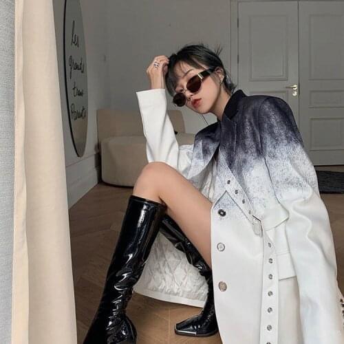 Women Casual Gradient Spliced Belt Blazer New Lapel Long Sleeve Loose Fit Jacket Fashion Single-breasted 2021 Spring Autumn Coat