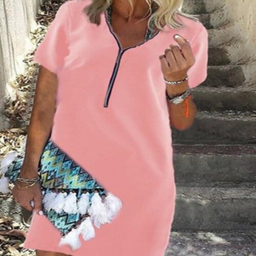 Female Casual 2021 Top Shirt Ladies V Zipper Loose T-shirt Tee Top Womens Fashion Short Sleeve Top