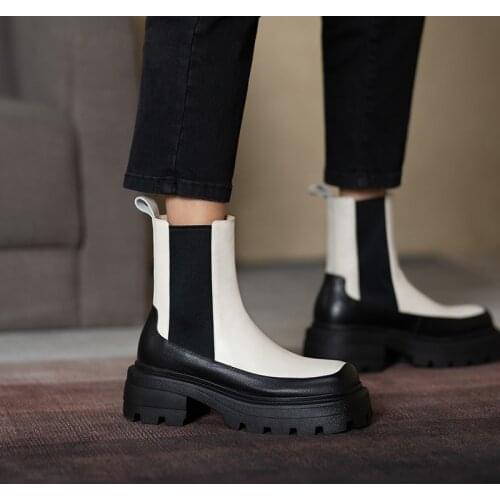 2021 Women Boots New Cow Leather Slip-On Chelsea Boots Square Toe Thick Heel Female Platform Boots Handmade Concise Women Shoes