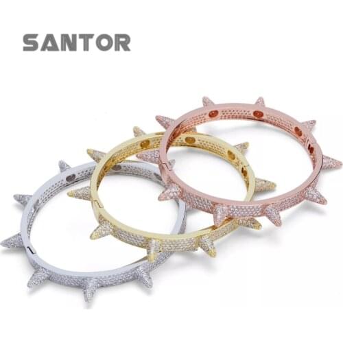 7mm 7 inch Hip Hop Ice Out Paved Spikes Bangle Bracelet Zircon Rose Gold Plated Nail Bangle Punk Jewelry Women