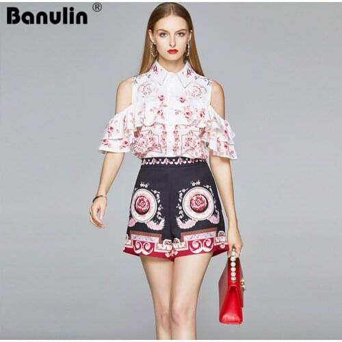 Banulin Summer Runway Floral Printed Two-piece Set Women Off Shoulder Ruffles Shirt Top and Vintage High Waist Shorts Suits Set