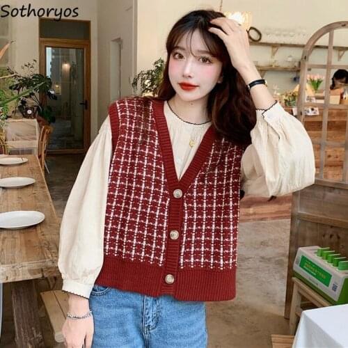 Vintage Plaid Sweater Vests Women Chic V-neck Single Breasted Tender All-match Sleeveless Knitted Jumpers Female Elegant Fashion