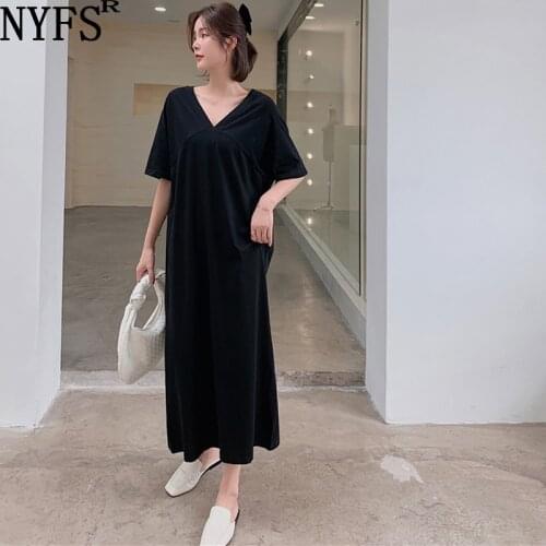 NYFS 2021 Korean New Summer Dress Loose large size V-neck Long Dress Vestido de mujer Robe Elbise Cotton Solid Woman Dress