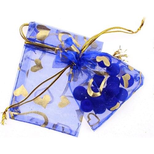 15*20 100pcs Deep Blue Gold Heart Gift Bags For Jewelry/wedding/christmas/birthday Yarn Bag With Handles Packaging Organza Bags