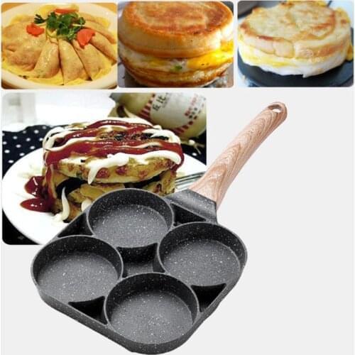 4 Hole Omelet Pan for Burger Eggs Ham Pancake Maker Wooden Handle Frying Pot Non-stick Breakfast