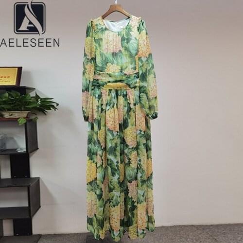 AELESEEN Runway Fashion Womens Maxi Chiffon Dress 2021 Long Slleve Sicilian Green Flower Print Long Party Holiday Dress