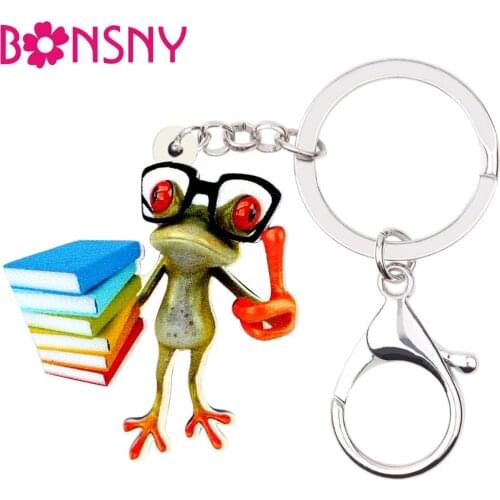 Bonsny Acrylic Teacher Frog Key Chain Keychains Rings Cute Animal Jewelry Holder For Women Girls Gifts Bag Car Pendant Wholesale