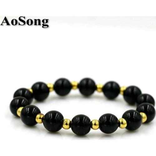 BPPCCR Natural Black Onyx 10mm with 5mm Alloy Metal Beads Men Women Yoga Bracelet Leo Lovers Energy Strand pulseras