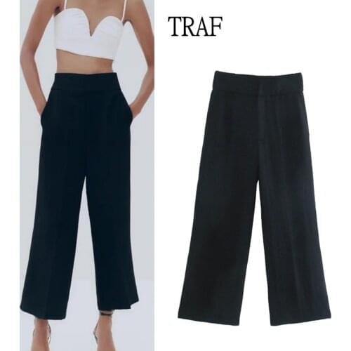 TRAF Za 2021 Black Womens Pants Fashion Solid Wide Leg Pants Women Vintage High Waist Office Female Ankle Trousers Streetwear