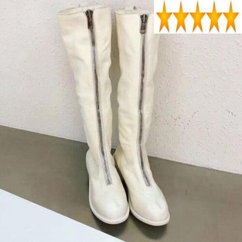 Long Women Front Handmade Zipper Thick Heel Knight Winter Genuine Leather Ladies Shoes Casual Knee High Boots White
