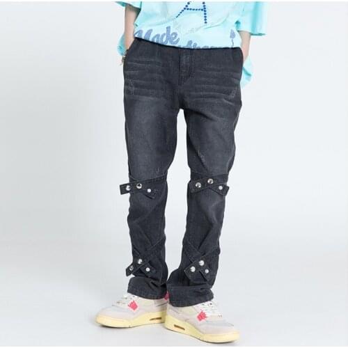 Washed Detachable Double Strap Metal Zipper Jeans Pants Mens High Street Oversize Retro Ripped Casual Deninm Trousers