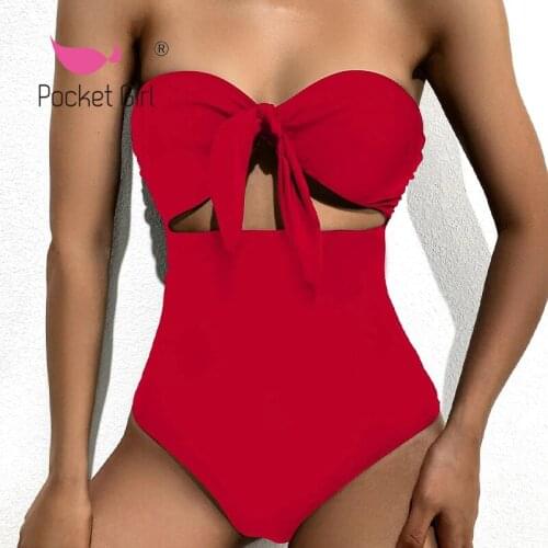 Pocket Girl 2021 Bandeau swimwear female Red one piece swimsuit women monokini Off-shoulder bathing suit Backless bodysuit new