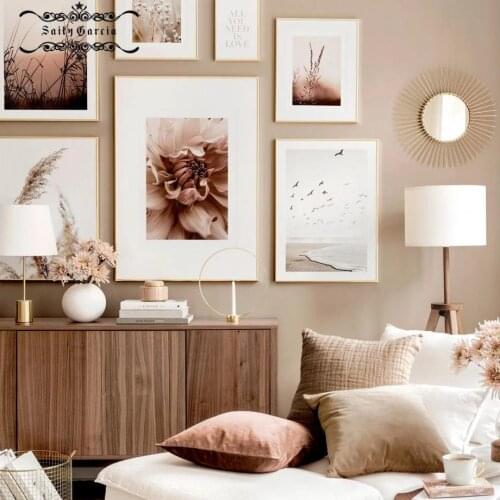 Dahlia Flower Canvas Painting Beach Sunset Reed Grass Landscape Poster Wall Art Print Decoration Pictures for Living Room Home