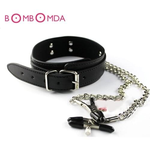 Leather Bondage Collar with Nipple Clips Adjustable Adult Game BDSM Restraints Slave Collars Sex Products for Men Women Couples