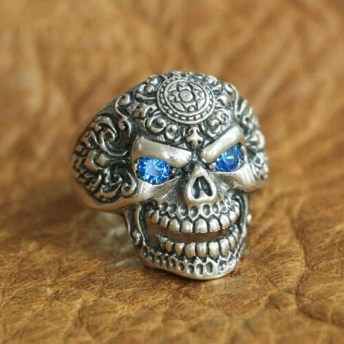 LINSION Blue CZ Eyes 925 Sterling Silver High Details Skull Ring Mens Biker Ring TA126 US Size 7~15