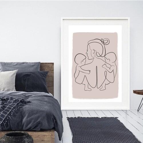 Mom with Two Baby Art Line Abstract Minimalist Family Nursery Portrait Canvas Painting Room Home Decor Wall Drawing Posters