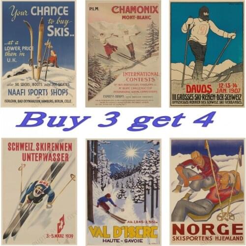 Ski in Austria Zealand Skiing poster Vintage Ski resorts CHAMONIX Travel Kraft Posters DIY Wall Home Bar Posters Home Decor Gift