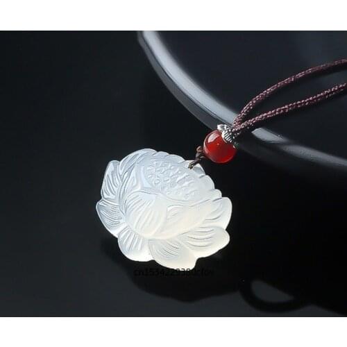 Natural White Agate Chinese Jade Lotus Fox Pendant Necklace Charm Jewellery Fashion Accessories Hand-Carved Luck Amulet Gifts