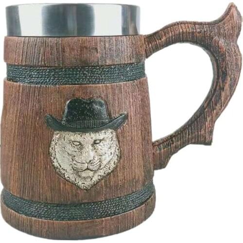 NEW Lion Tiger Wooden barrel Stainless Steel Resin 3D Beer Mug Goblet Game Tankard Coffee Cup Wine Glass Mugs BEST GOT Gift