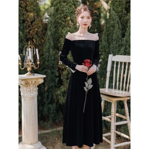 2020 new fashion womens clothing Autumn and winter velvet dresses Slash neck Vintage dress women