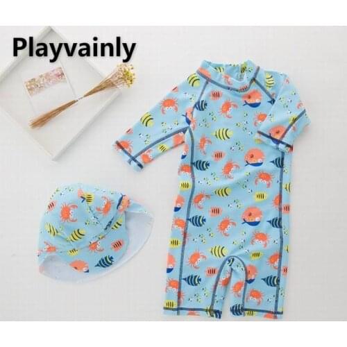 Baby Boys Swimming Wear Crab printing Caroon One Piece Swimsuits with Hat Children Fashion Swimwear E71177