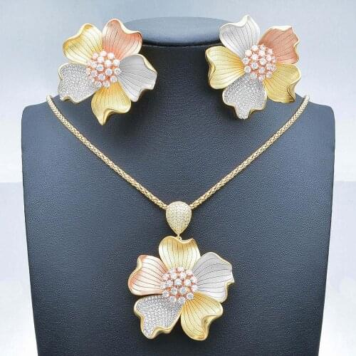 Newness Big Flower 3 Tone Copper Large Flower Pendant Necklace And Earring for Women Wedding Party Jewelry Sets