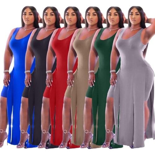 Plus Size Fashion Women Solid Two-Piece Set Casual High Waist Skinny Shorts Sleeveless O-Neck Split Long T-shirts Summer Outfits