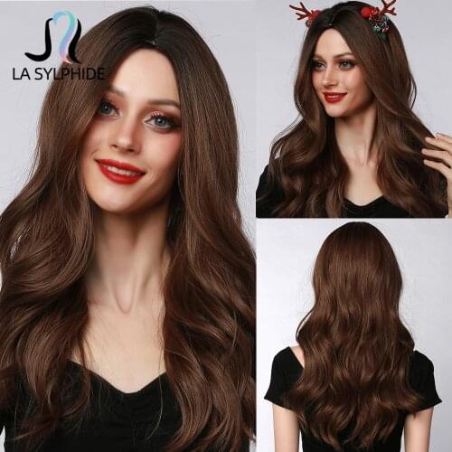 La Sylphide Long Natural Wavy Root Black Ombre Dark Brown Wig with Middle Part Synthetic Wig for Women Cosplay Party Daily Wigs