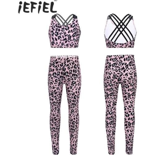 Kids Girls Clothes Tracksuit Outfit Leopard Printed Tanks Tops Crop Top Leggings Sets for Gymnastics Stage Performance Workout