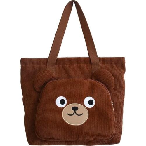 Bags For Women 2022 New Corduroy Shoulder Bag Ladies Tote Bag Large Foldable Shopping Bags Cute Bear Embroidery Female Handbag