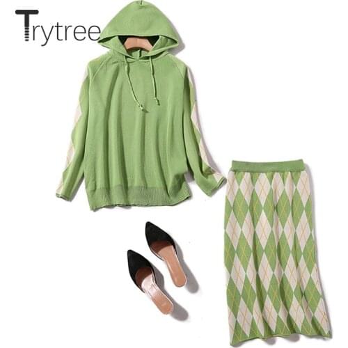 Trytree Autumn Winter Two piece set Casual Hooded Drawstring Knitting Top + Skirt Plaid Fashion Knee-Length set 2 Piece Set