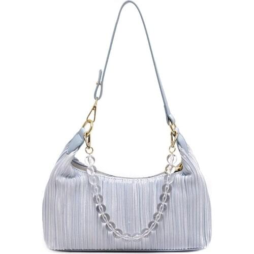 Retro Fold Satin Shoulder Bags for Women 2020 New Summer Simple Armpit Baguette Bag Chic Beading Handbag