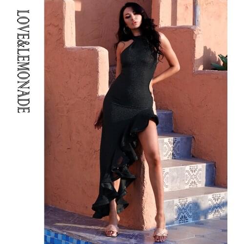 LOVE&LEMONADE Sexy Black Halter Open Back Whit Split Ruffle Summer Maxi Dress LM82549