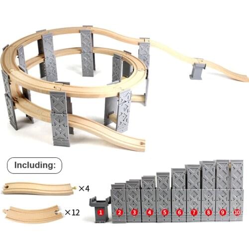 26PCS Wood Railway Tracks Accessories Plastic Spiral Wooden Train Tracks with Bridge Piers Educational Toys for Children