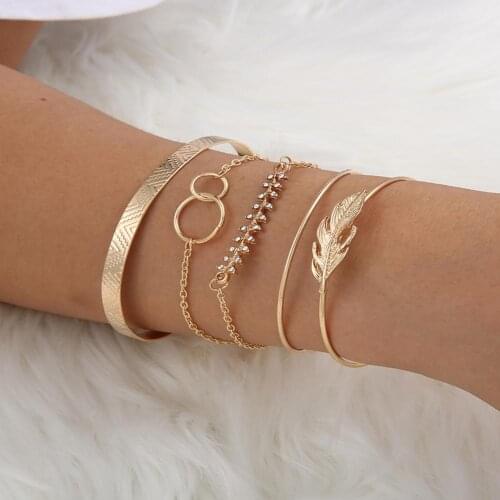 5Pcs/Set Women Fashion Leaf Rhinestone Inlaid Bangles Open Bracelets Jewelry