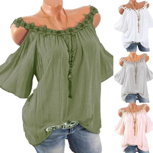 Plus Size S-5XL Solid Color Fashion Women Shirt Clothing Casual Sling Cold Shoulder Short Sleeve Crochet Flower Blouse Women