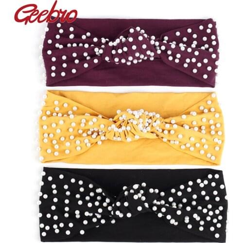 Geebro Women Knotted Pearl Head Bands Summer Casual Soft Elastic cotton Ribbed Hairbands Turban For Ladies Girls hair Accessorie