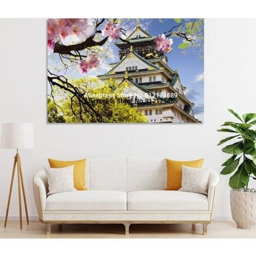 Painting Realistic Scenery of Osaka, Japan, Cherry Blossoms And Houses, Oriental Decoration Pictures Poster Decorative Painting