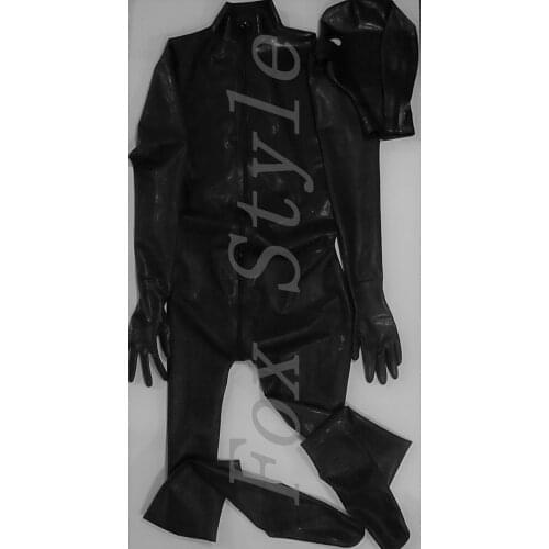 Full cover latex catsuits with front zipper to back (hoods separated, gloves and socks attached) in whole black