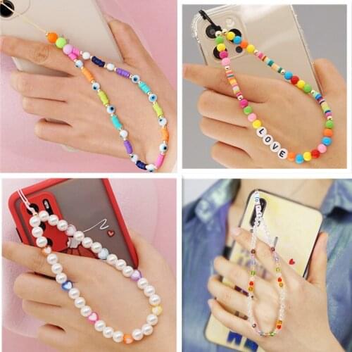2021 New Mobile Phone Strap Lanyard Colorful Smile Pearl Soft Pottery Rope for Cell Phone Case Hanging Cord for Women