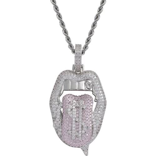 New Iced Out Mouth Teeth Lips Tongue Pendant Pave Cubic Zircon Charm Necklace Hot Ins Hip Hop Punk Jewelry Gift