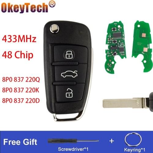 OkeyTech 3 Button Flip Car Key For Audi A3 TT S3 A4 S4 Part Number 8P0 837 220Q/K/D 433MHz 48 Chip Auto Remote Key HU66 Blade