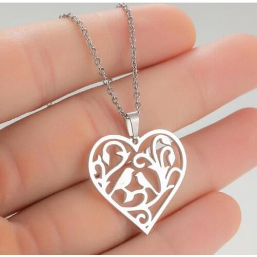 Stainless Steel Love Heart Pendants Necklaces for Women Girls Trendy Couple Bird on the Branch Statement Necklace Mother Gifts