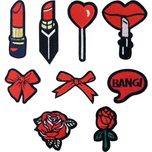 Lipstick Bowknot Rose Bang Iron On Patches Sewing Embroidered Applique for Jacket Clothes Stickers Badge DIY Apparel Accessories